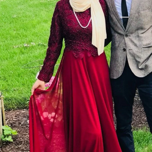 Modest burgundy long sleeve maxi dress with lace top & train with zipper… - Picture 4 of 8